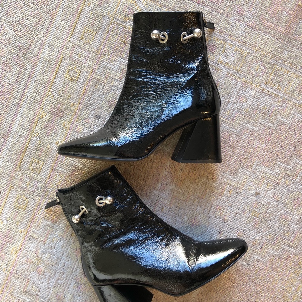 Black Patent Pointed Toe Block Heel Ankle Boots - Women